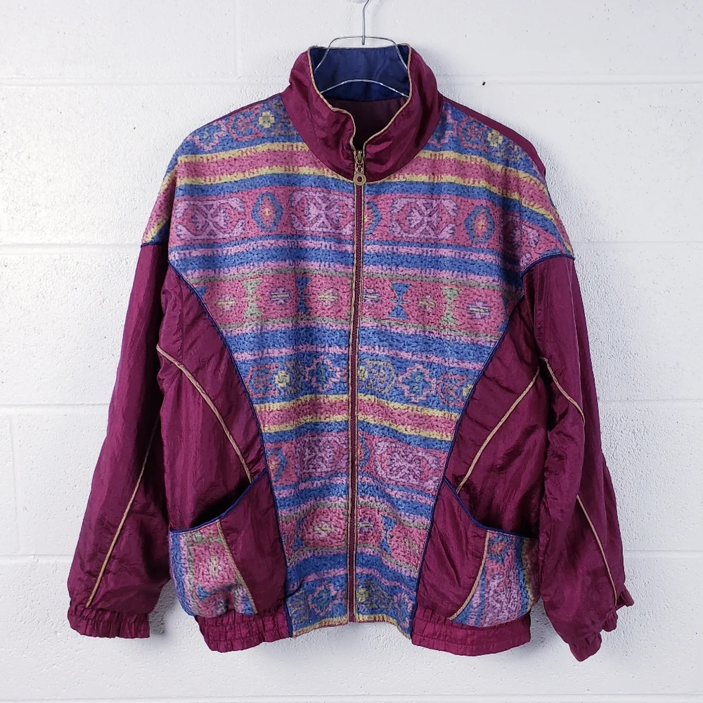 Vintage 80s Boho‎ Track Suit Swishy Purple Floral Geometric Pattern Medium - Picture 2 of 14